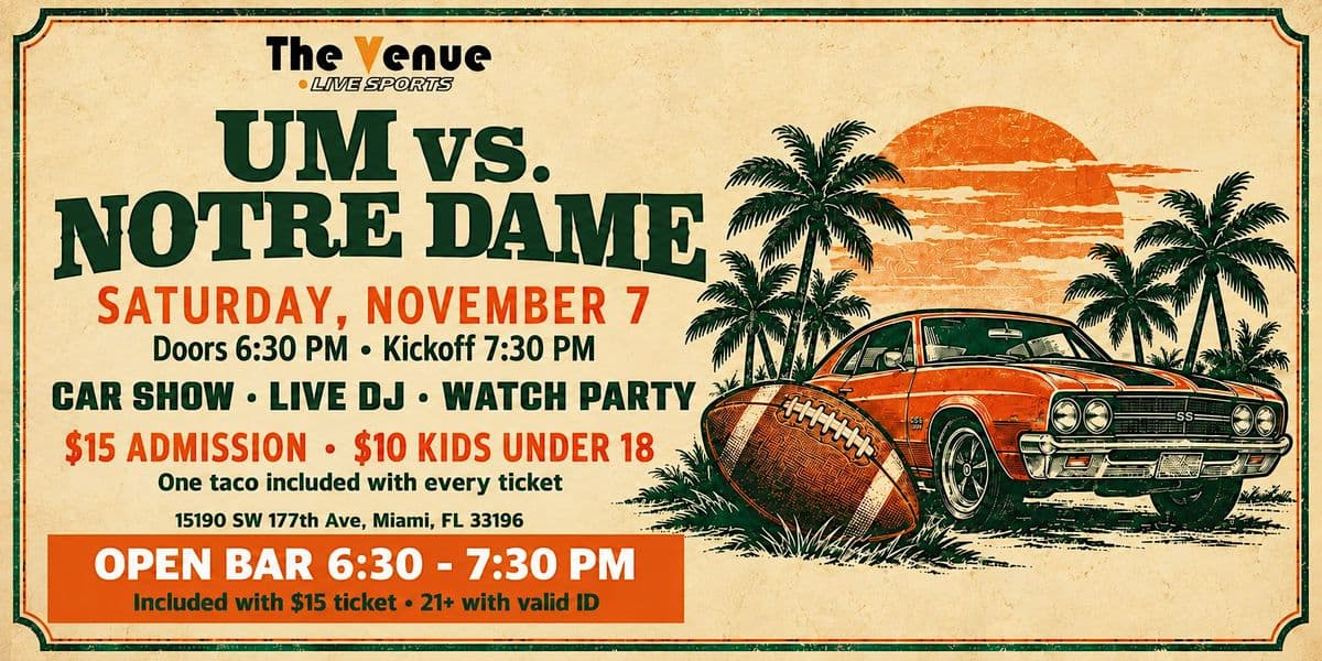 The Venue Live Sports: UM vs. Norte Dame Watch Party + Car Show